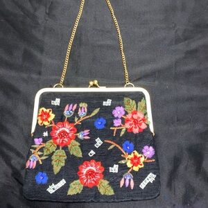 Floral Embroidered Black Handbag
